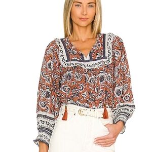 NWT CLEOBELLA Amy Blouse In Sienna Block Print Organic Cotton Tassels Smocked S